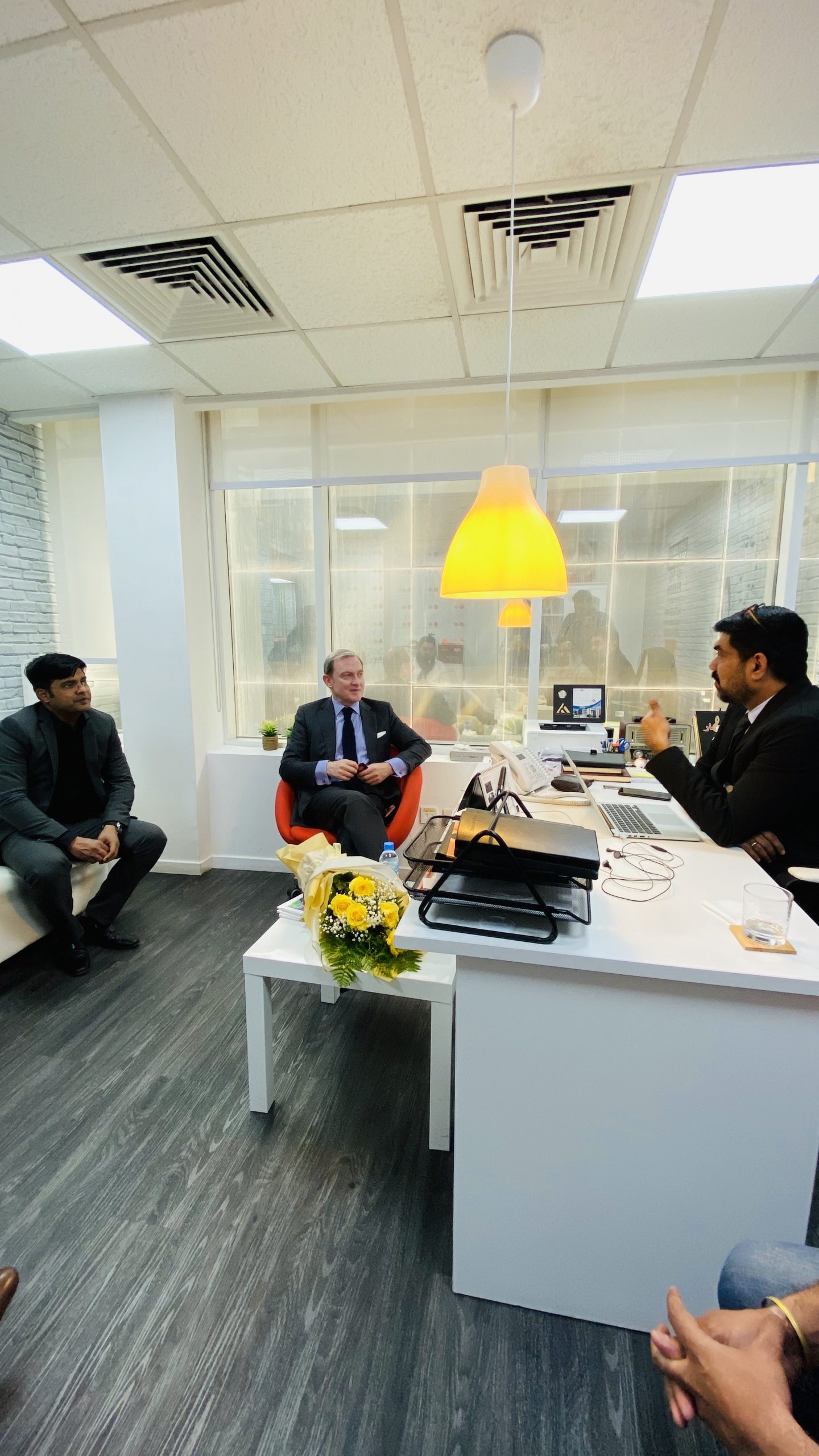 Ambassador of France to Qatar H.E. Franck Gellet with Managing Directors of Radio Olive and Radio Suno Mr. Ameer Ali Paruvally and Mr. Krishnakumar during his visit